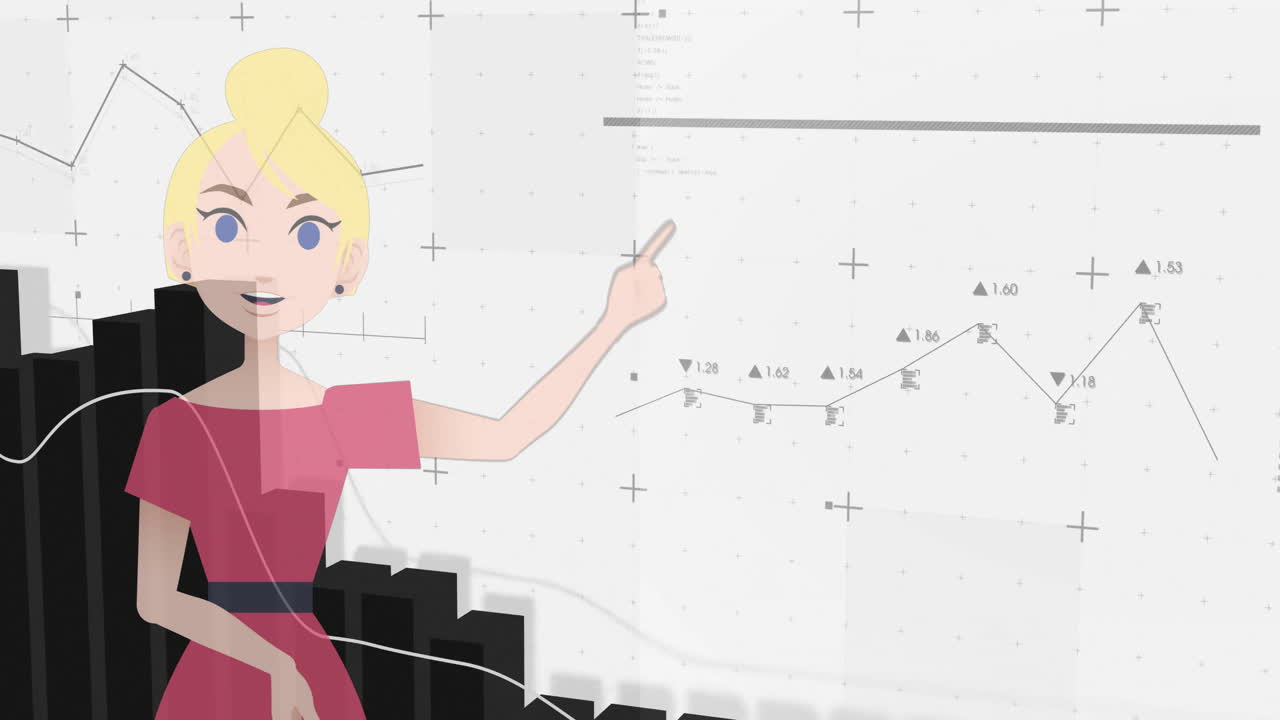 Animation of character presenting data charts on digital screen in school