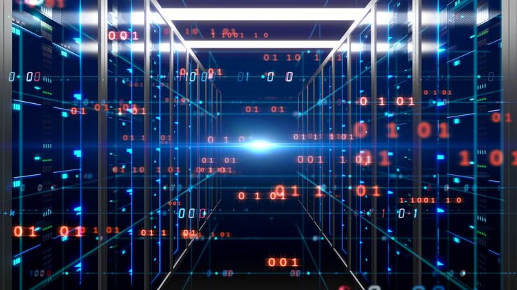 fly through futuristic Corridor of server room with digital element .4k