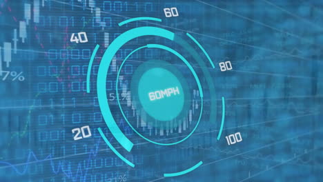 animation of car speedometer over binary coding against financial and stock market data processing
