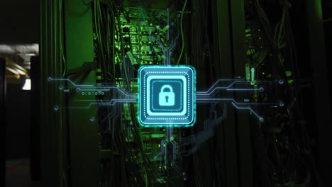 Animation of padlock icon, circuit board and data processing over computer servers