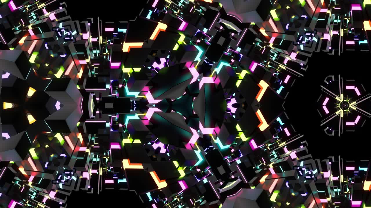 4K abstraktní smyčkové pozadí se symetrickými strukturami připomínajícími kaleidoskop s osvětlenými žárovkami a vícebarevnými neonovými světly. Vj smyčka pro beatovou hudbu, slavnostní show, sváteční události, festivaly nebo koncerty.