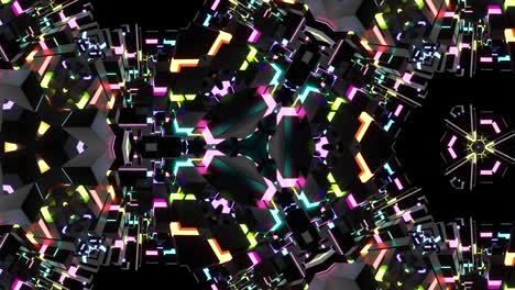 4k fondo en bucle abstracto con estructuras simétricas como caleidoscopio con bombillas de iluminación, luces de neón multicolores. bucle vj para música beat, espectáculo festivo o eventos de vacaciones, festivales o conciertos