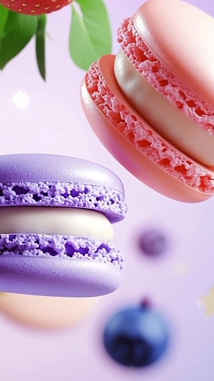 Berries and colorful macarons. Macarons mingle with colorful strawberries and blackberries in a whimsical, delightful treat.
