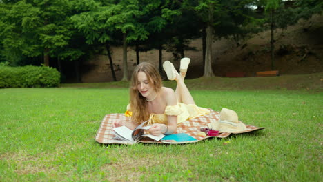 Mujer-Atractiva-Tumbada-En-Una-Manta-De-Picnic-En-El-Parque-Navegando-A-Través-De-Las-Páginas-Del-Libro