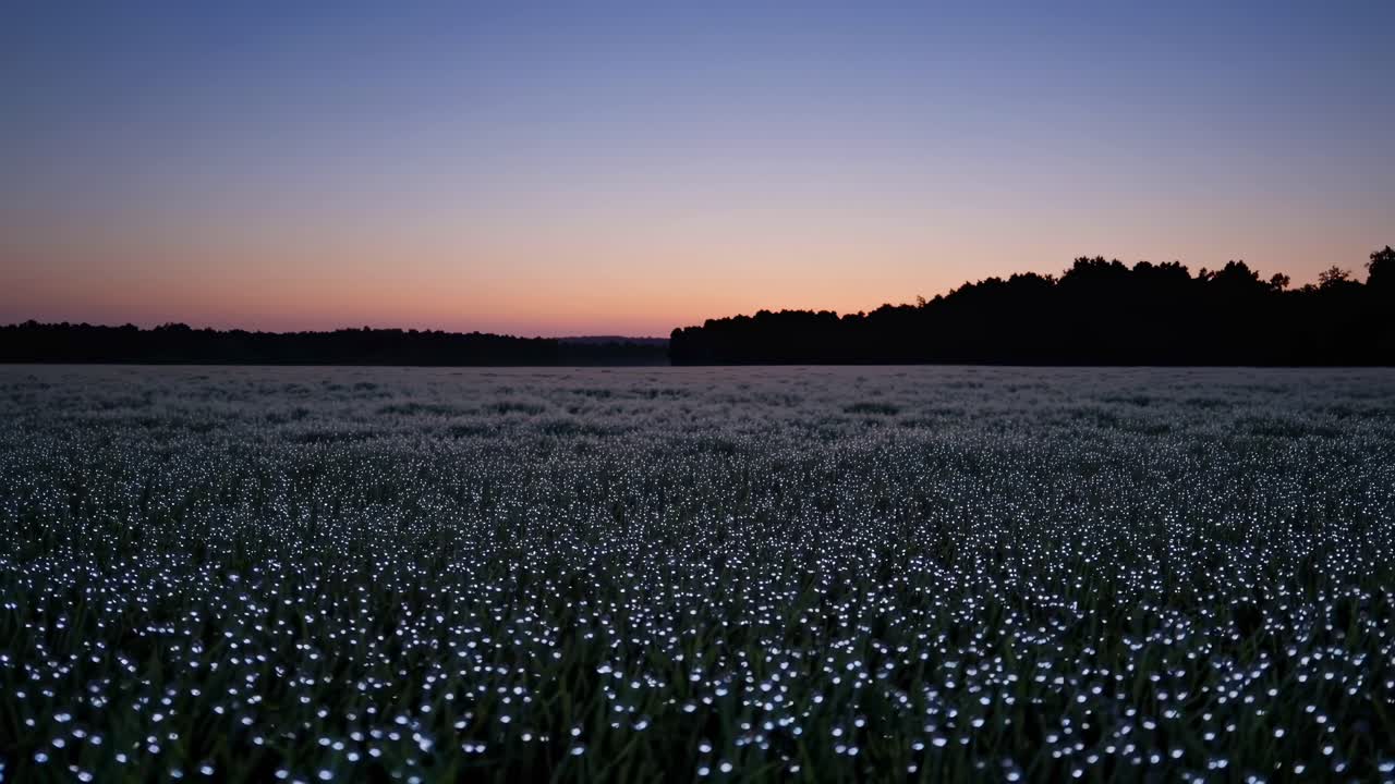 Aerial video capturing a serene field at dusk, dotted with glowing lights, creating a magical