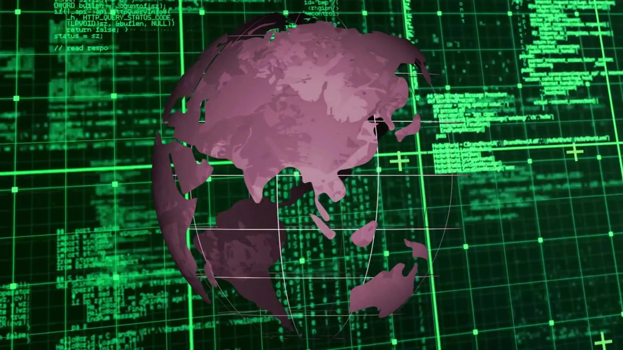 Stylized purple globe being visualized in cyberspace, with white grid lines and green code grid