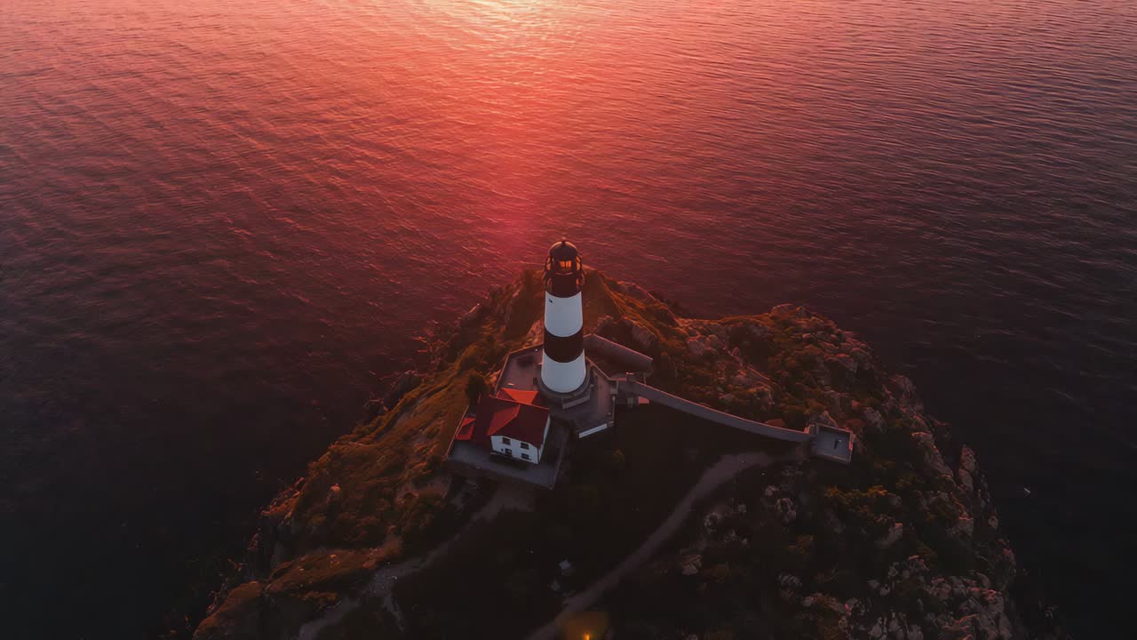 Gliding drone prompted by sunset approaching striped lighthouse on coast, revealing warm reflection