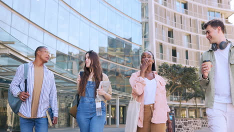 students, friends and happy on walk at university