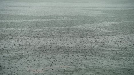 slow motion rain fall on textured river water, individual droples on abstract background