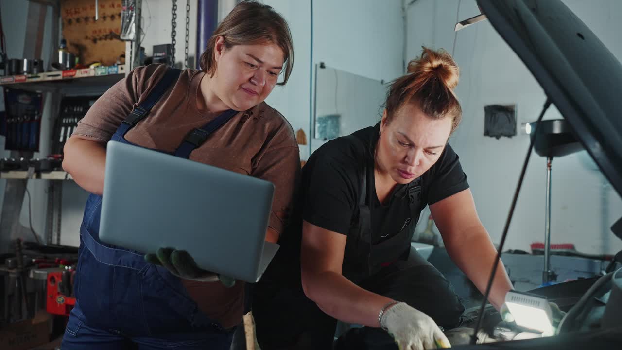 Women Auto Mechanics Inspecting a Car Engine
