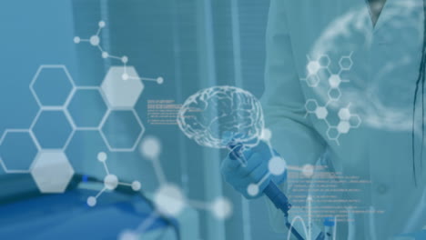 animation of chemical formula and data processing over biracial female scientist doing experiment