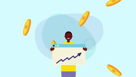 afro businessman worker with coins money and statistics arrow