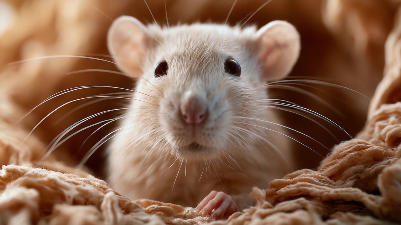 Esplorazione Ravvicinata di un Adorabile Ratto Domestico tra Morbida Lettiera, Catturando la Curiosità e l'Innocenza di Questo Piccolo Roditore nel Suo Habitat Naturale
