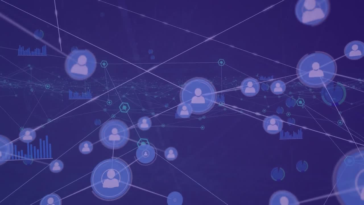 animación de la red de conexiones con iconos y procesamiento de datos sobre fondo negro