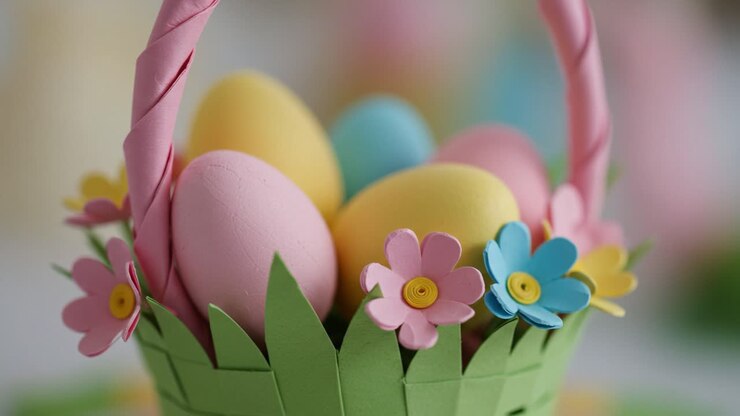 Vibrant Easter Basket Overflowing with Colorful Decorated Eggs and Cheerful Flowers Captured in Beautiful Close-Up for Seasonal Celebration
