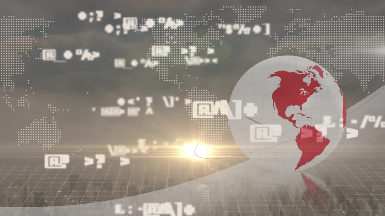 데이터 처리 및 도시 풍경 위의 세계 지도를 가진 지구의 애니메이션