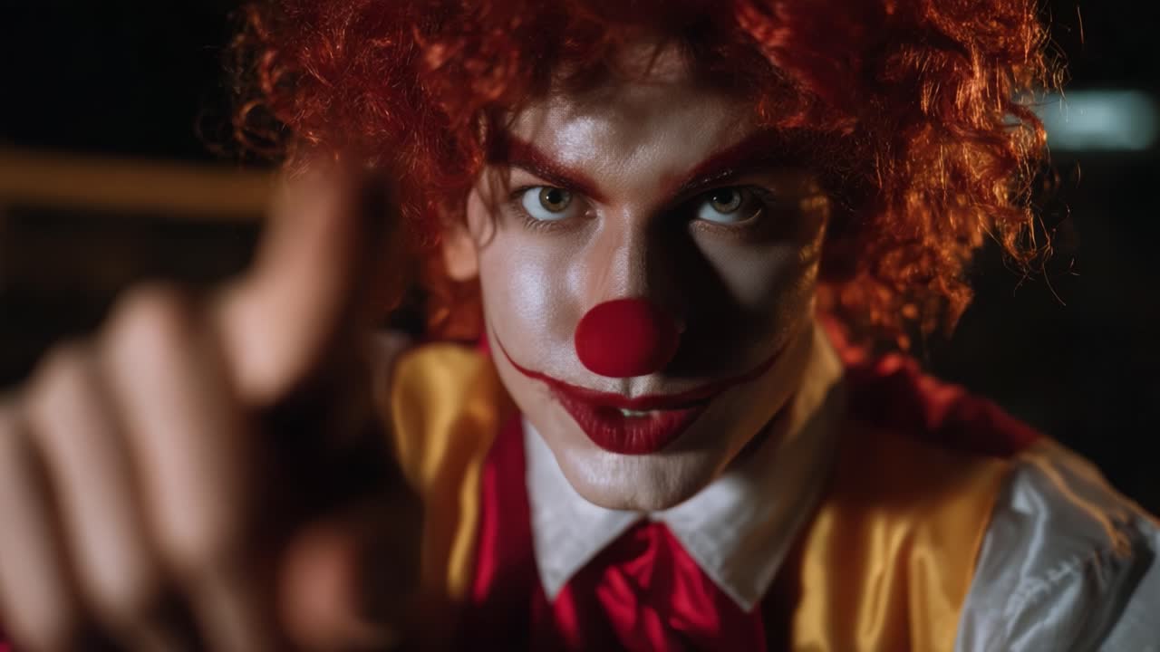Un clown minaccioso punta direttamente lo spettatore con un sorriso agghiacciante, evocando un senso di inquietudine e fascino, illustrando la dualità tra gioia e paura nella performance art.