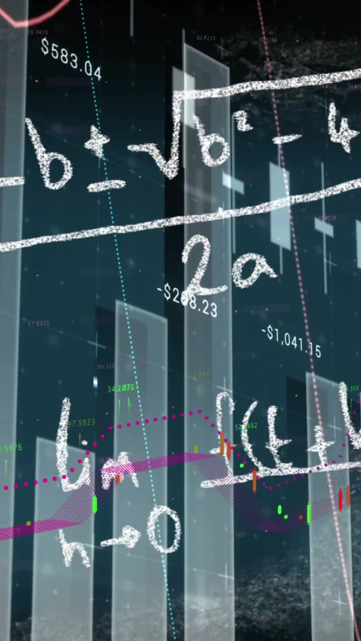 Animazione di grafici multipli con numeri su un'equazione matematica su uno sfondo astratto.