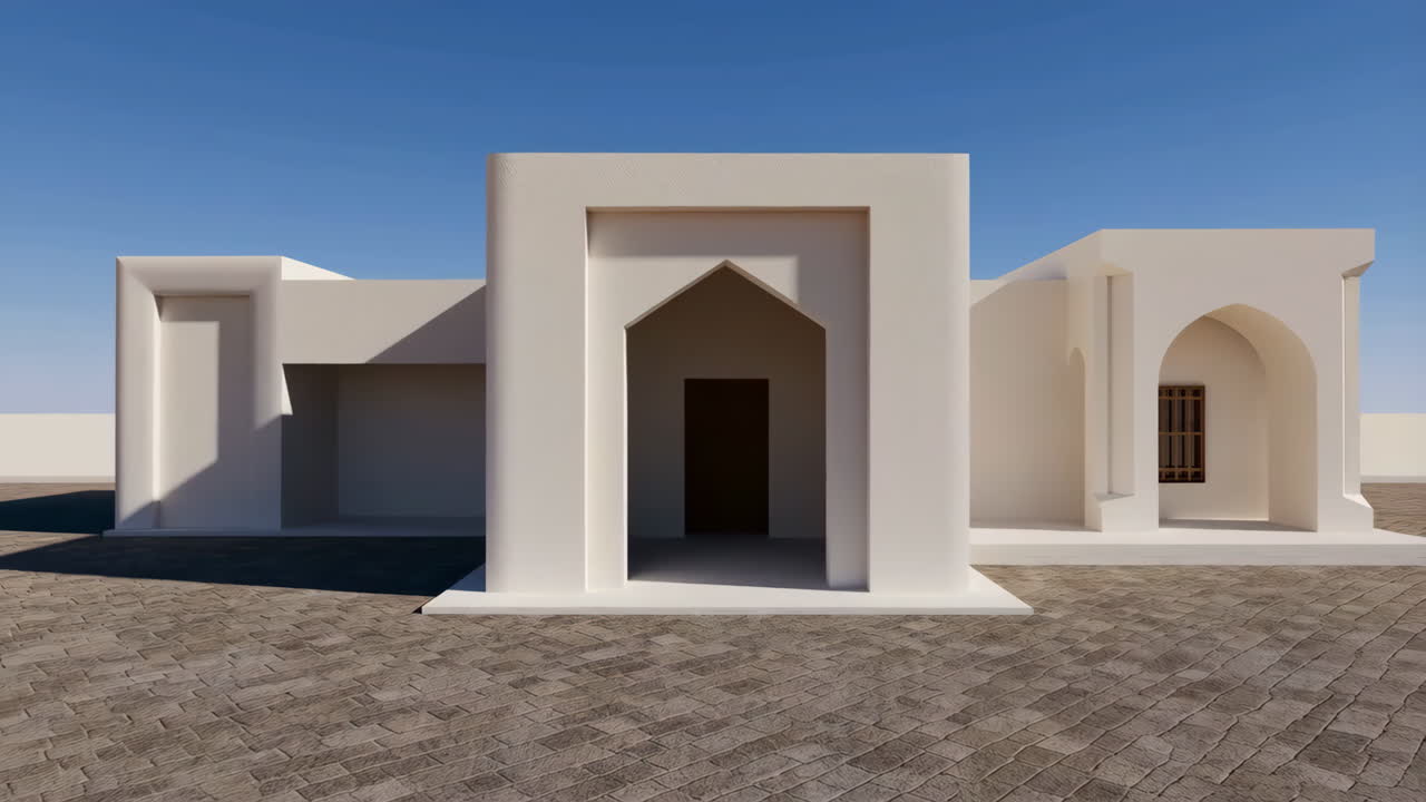 Minimalist White Building with Arches Against a Clear Blue Sky
