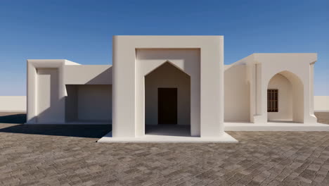 minimalist white building with arches against a clear blue sky