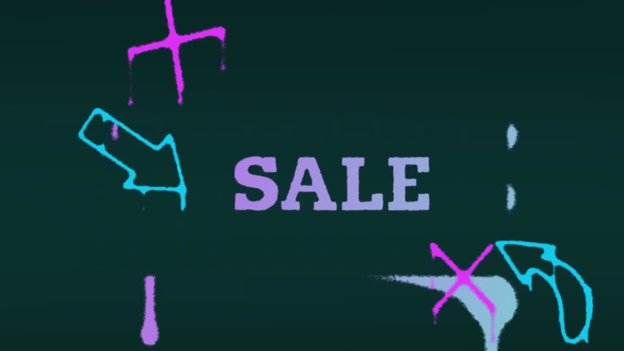 판매 텍스트의 애니메이션과 검은색 배경에 화살표와 십자가 그림으로 스프레이 페인팅