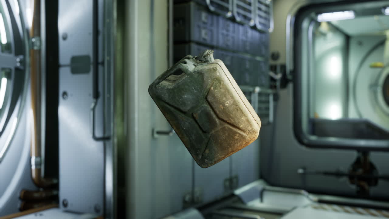 국제 우주 정거장 에서 무중력 상태 에서 떠다니는 가솔린 통