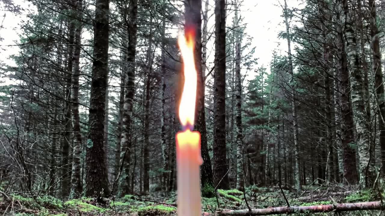 Candle Flame Flickers in Serene Forest Setting During Twilight Hours