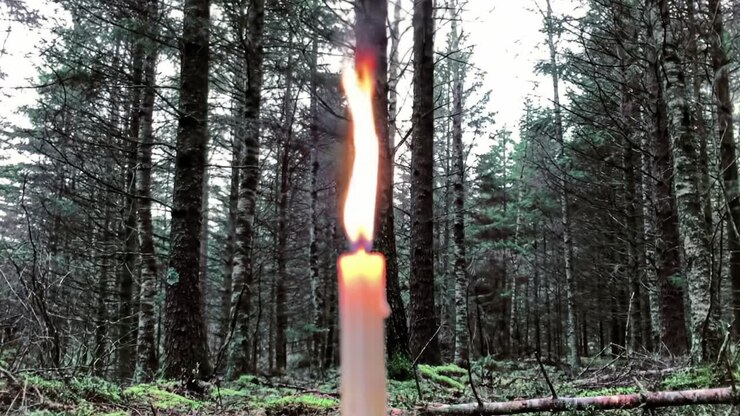 Stearinlysets flamme flimrer i fredfyldte omgivelser i skoven i tusmørket