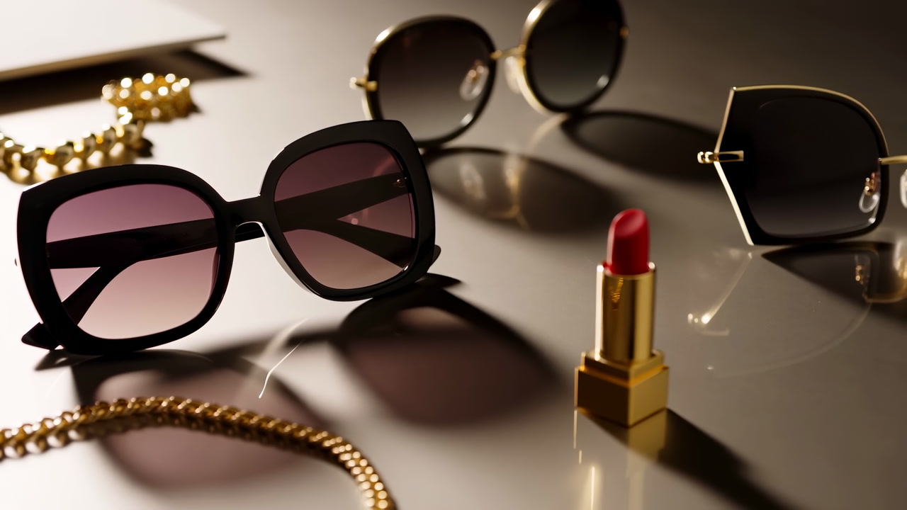Luxury Sunglasses Lipstick Jewelry Glossy Table. Soft Warm Lighting Creates Reflective Shadows, Gold Chain