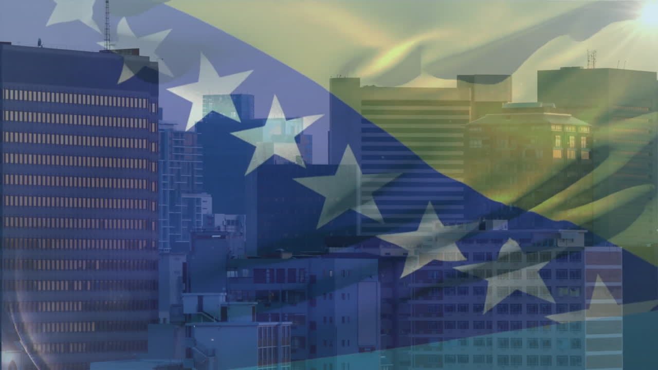 flat-design Bosnia Herzegovina flag floating angled across skyline, featuring skyscrapers and glare