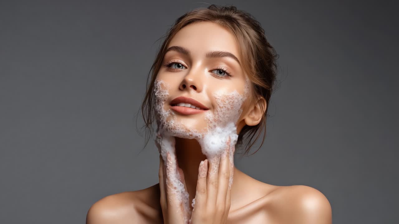 A young woman enjoys a refreshing skincare routine as she playfully cleanses her face with bubbles, showcasing her natural beauty and radiant smile in a modern setting