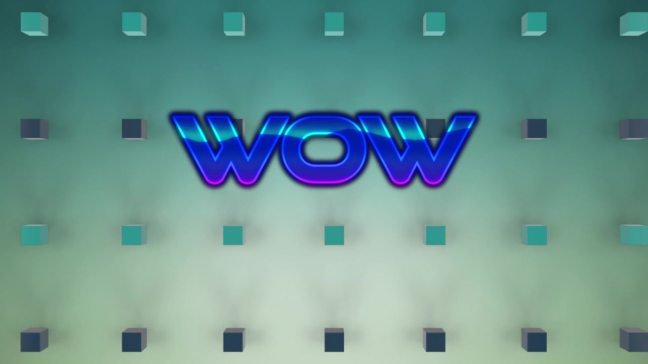 Animation of wow text over squares on green background