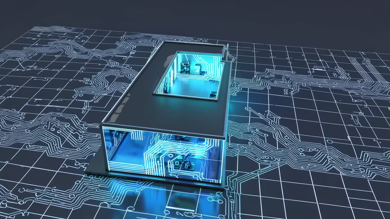 Futuristic digital circuit board building with glowing blue lights, viewed from an elevated angle