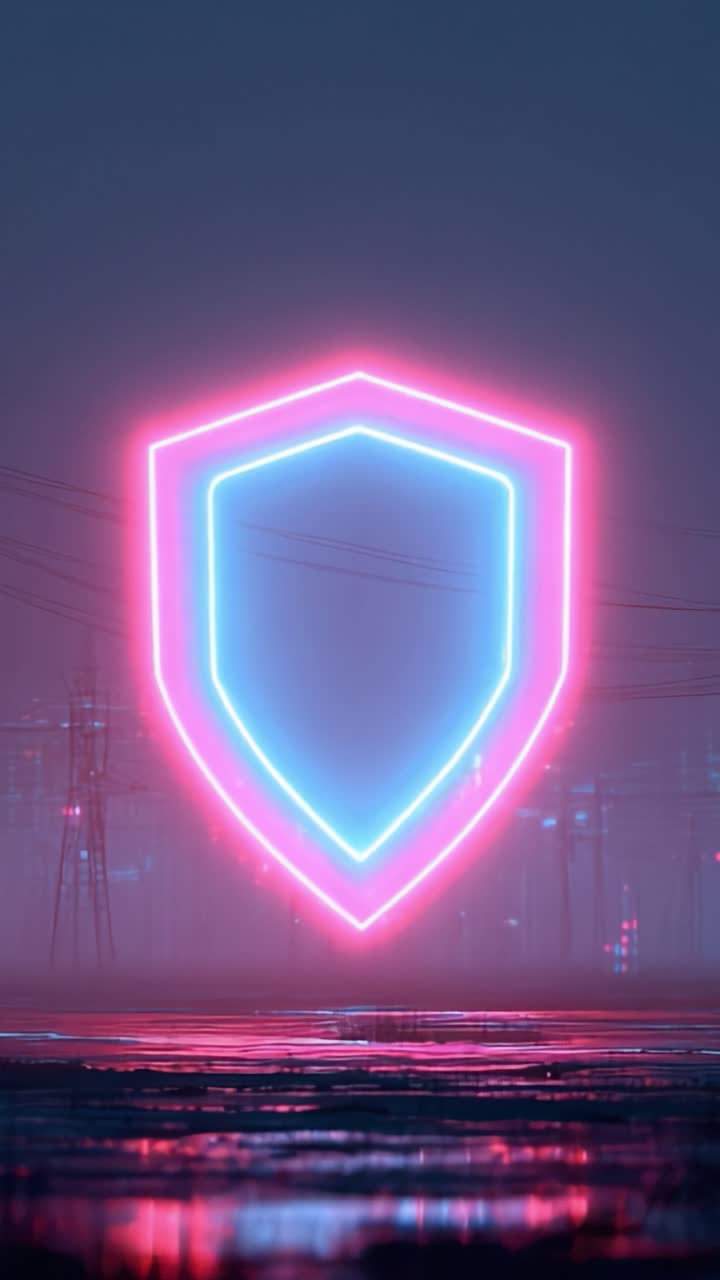 A Vibrant Neon Shield Glowing in the Mist: A Bold Representation of Digital Protection and Security Amidst a Futuristic Urban Landscape at Night