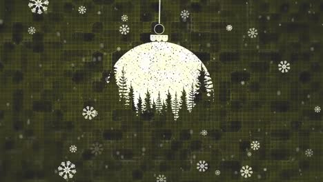 Snowflakes-falling-over-hanging-bauble-decoration-against-textured-green-background