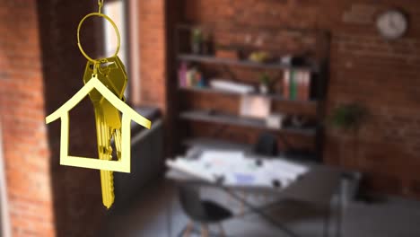 Animation-of-hanging-golden-house-keys-against-interior-of-a-study-room