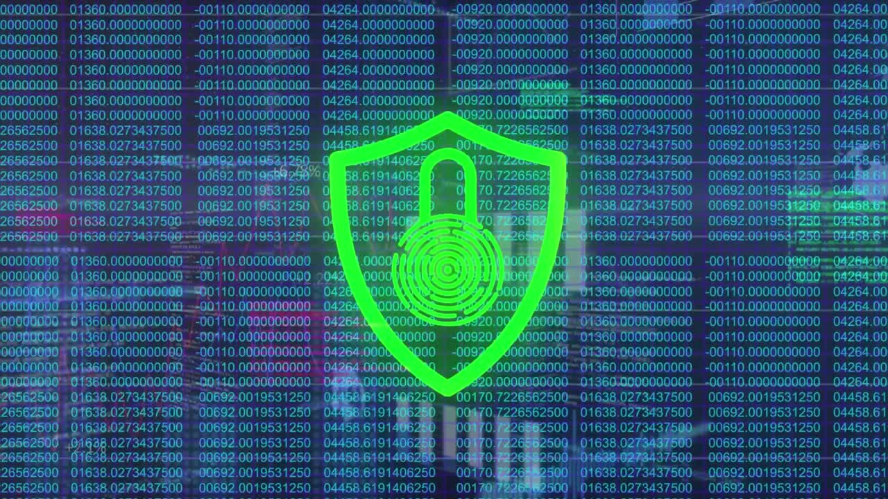 animación del escudo rojo y la interfaz digital sobre un fondo oscuro.