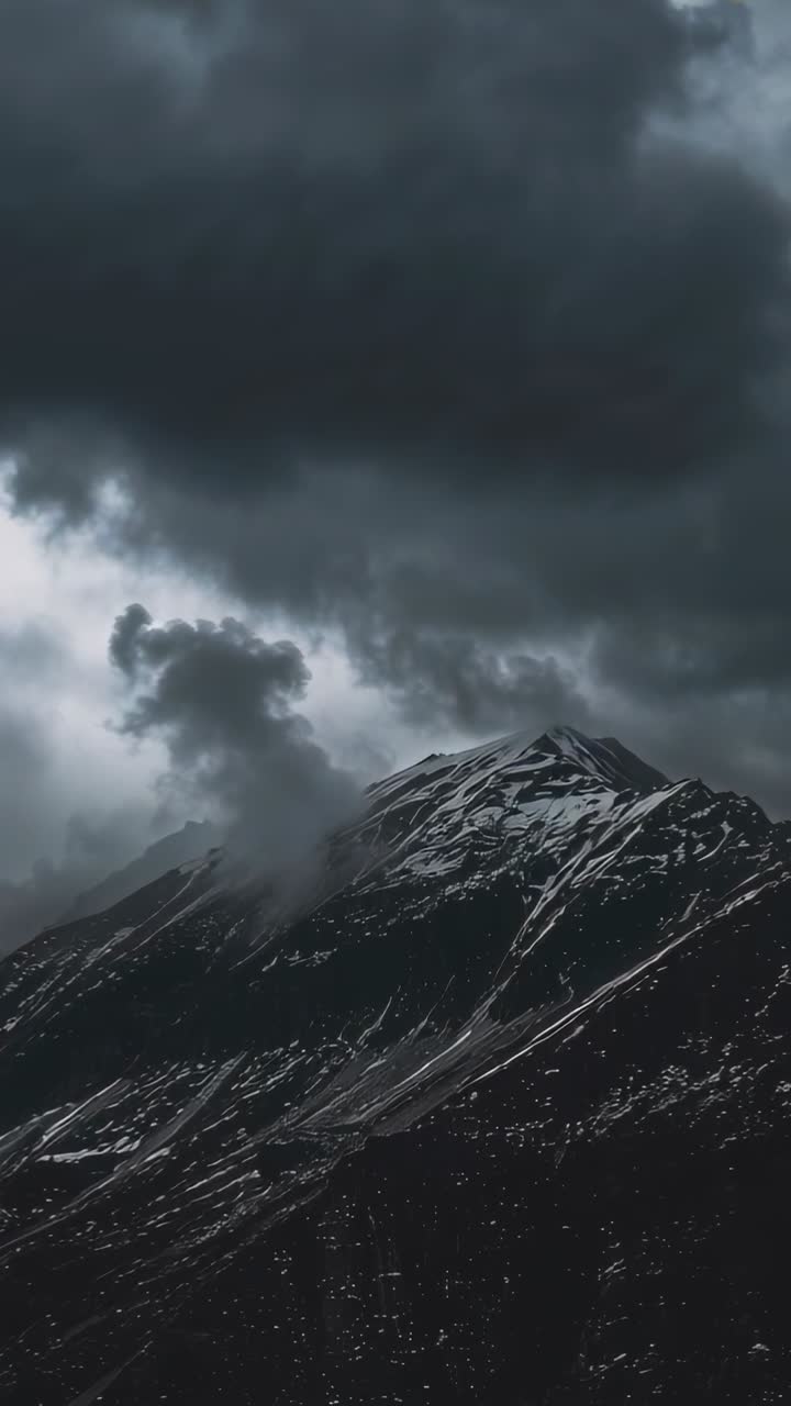Vertical video: Showing snowy peak dimming at ridge as dark clouds moving, left plume rising