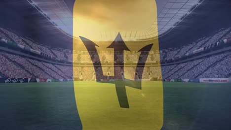 animation of waving barbados flag against view of a sports stadium