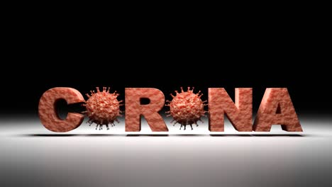 3d render: corona virus - schematic image of rotating viruses of the corona family embedded into the text "corona". seamless loop video.