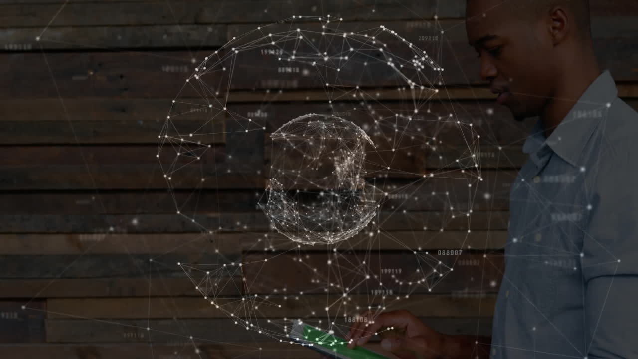 Interacting with digital globe, man viewing animation of network connections