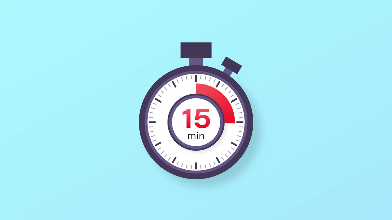 The 15 minutes timer. Stopwatch icon in flat style. Motion graphics.