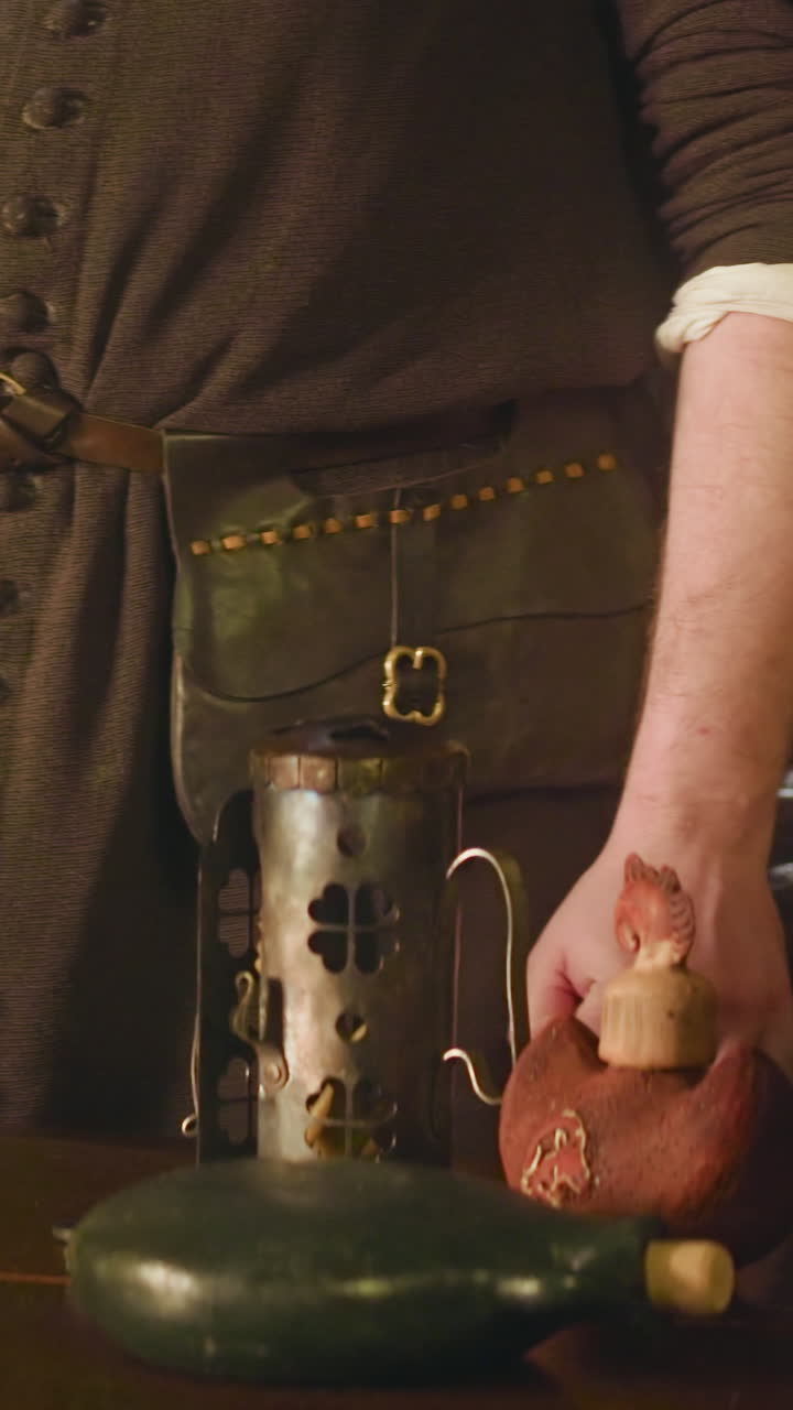 sirviente medieval se encuentra en el mostrador en la taberna. barman enano con bolso en el cinturón listo para vender bebidas y bienes en la casa pública. personaje de fantasía npc