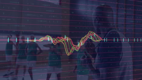 Animación-Del-Procesamiento-De-Datos-Financieros-Sobre-Diversas-Jugadoras-De-Baloncesto-Con-Entrenador-En-El-Gimnasio.