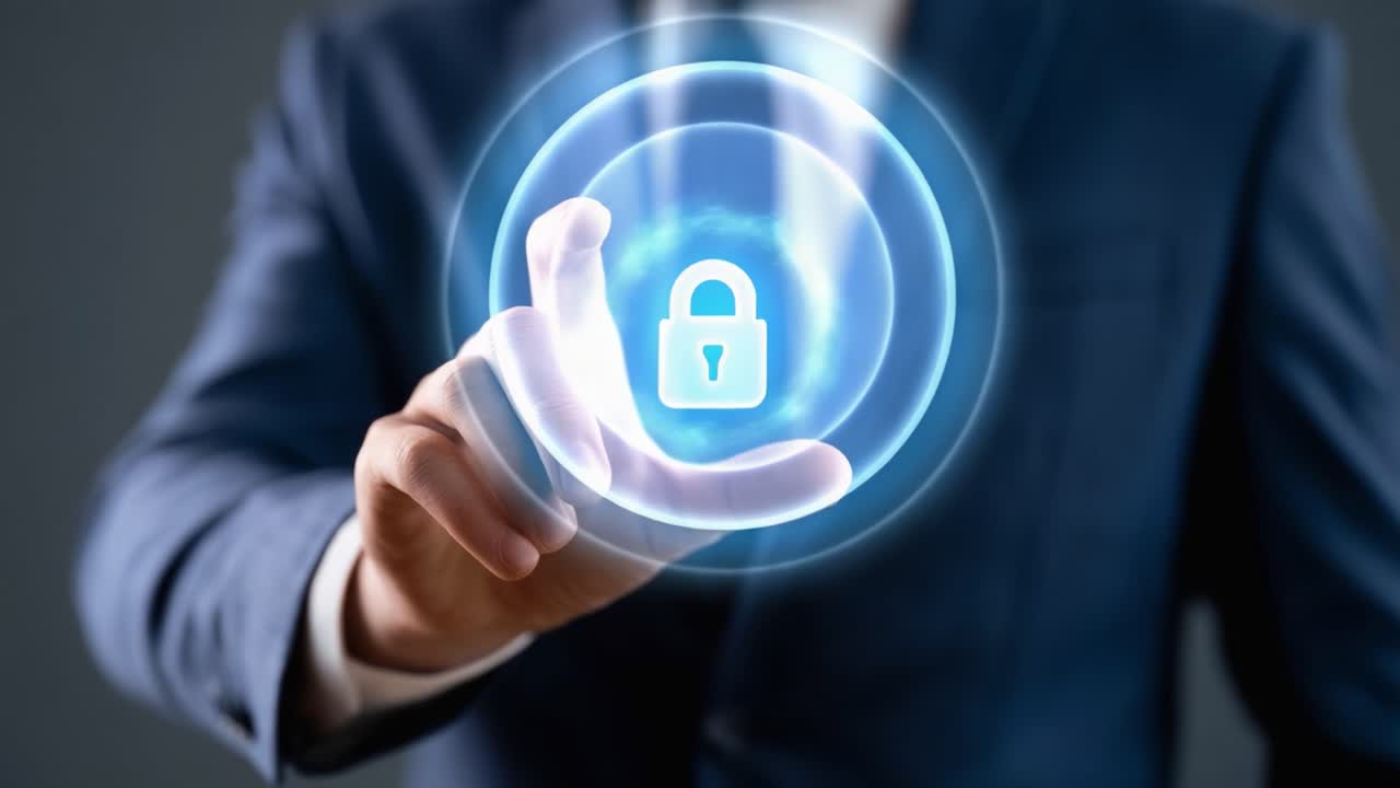 A Professional in a Suit Interacts with a Digital Lock Icon, Symbolizing Security, Privacy, and Advanced Technology in the Modern Digital World
