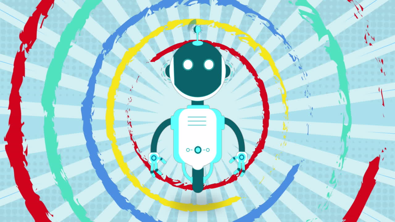 Animazione di chatbot AI su sfondo di cerchi colorati