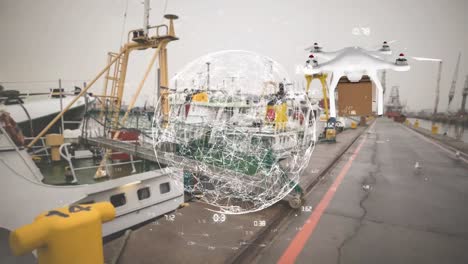 animación de la red de conexiones a través de drones con paquetes sobre el puerto