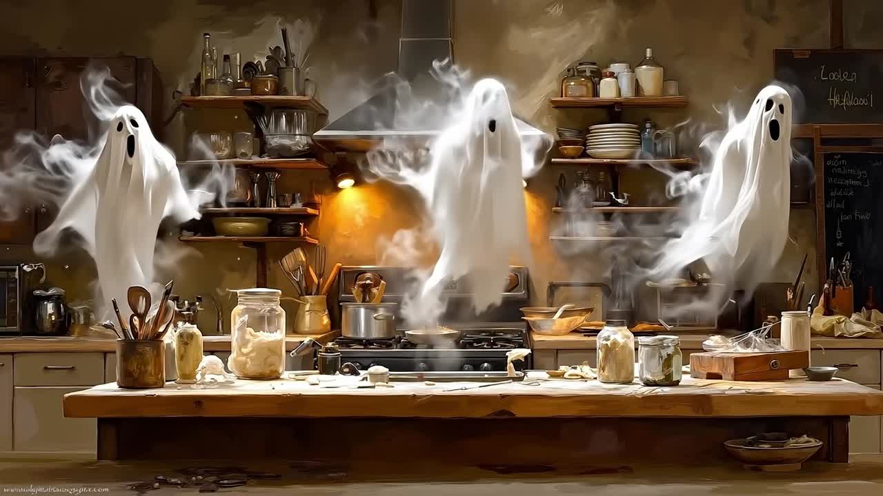 A kitchen with three ghosts in the middle of the kitchen