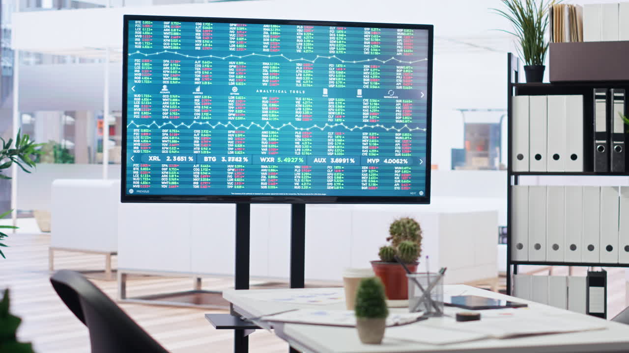 Stock exchange indices on screen in empty financial department office