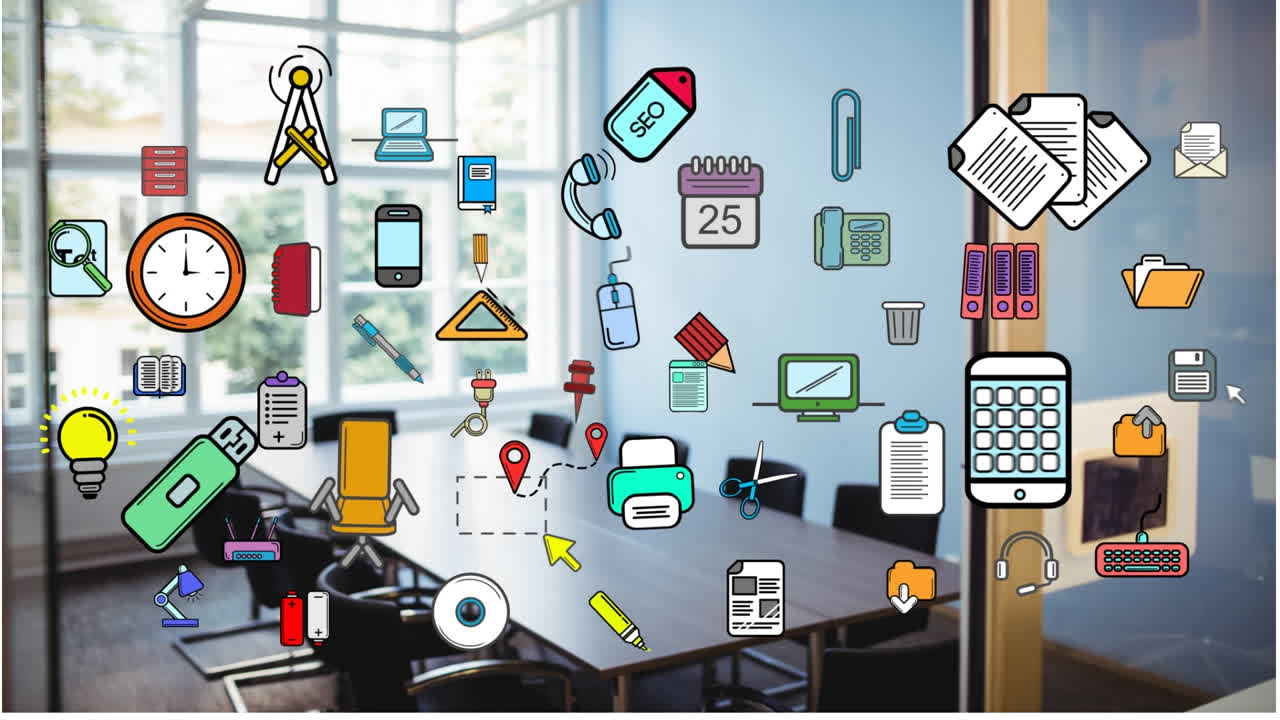 Animation of office business icona and data processing over office